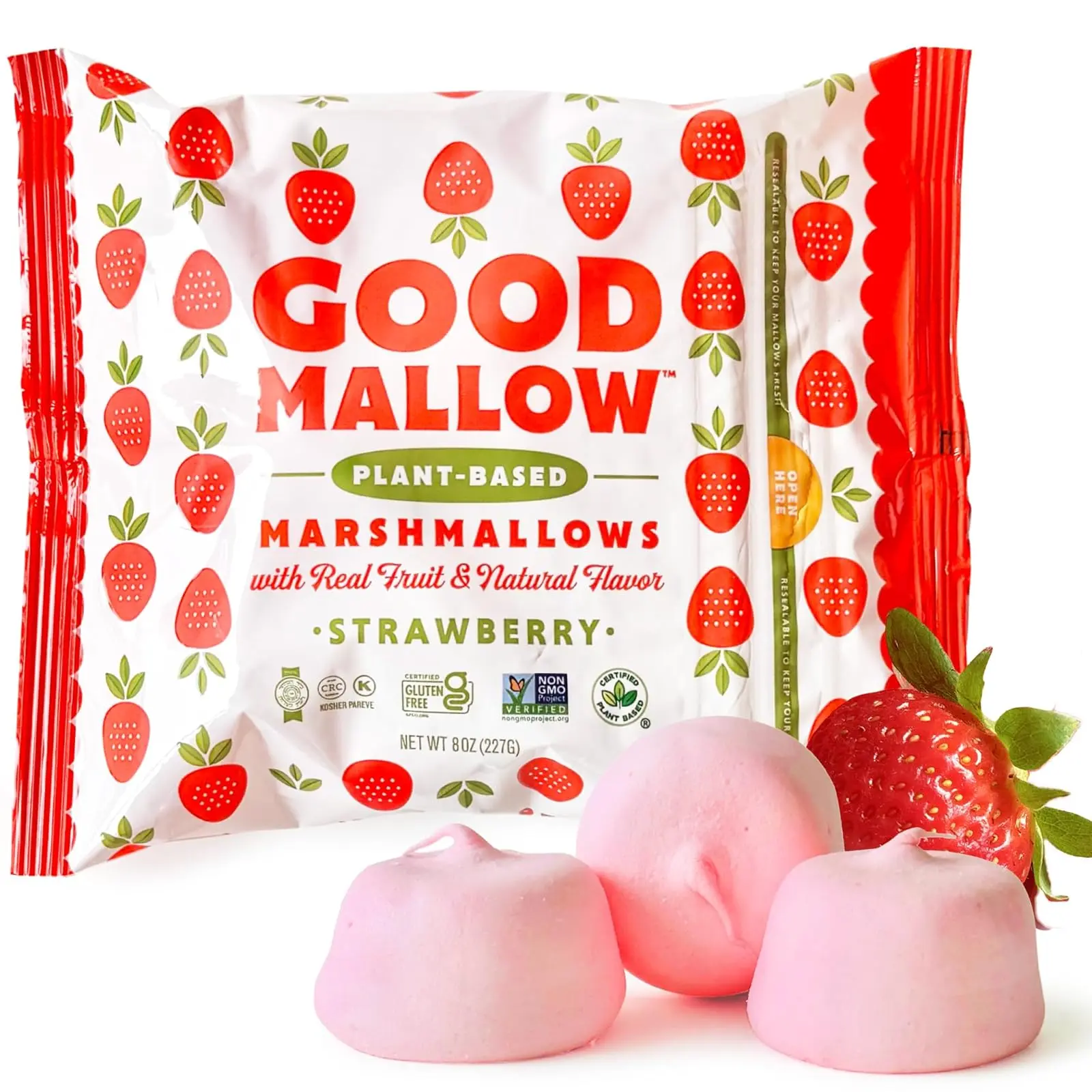 Vegan Marshmallows - Large Kosher Gluten Free Dairy Free Healthy Marshmallows - Natural Gelatin Free for Hot Chocolate, Smores, Baking - Nothing Artificial - Pink Strawberry