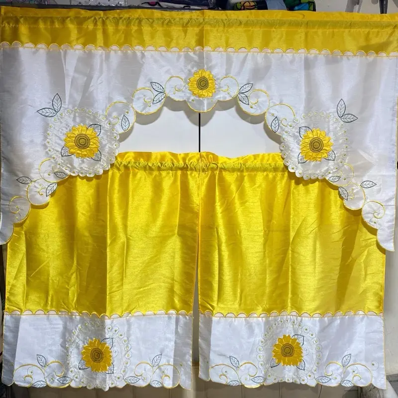 Sunflower 3 Piece Kitchen Curtain Set with Embroidered Sunflower Design and Scallop Trim in Yellow and White