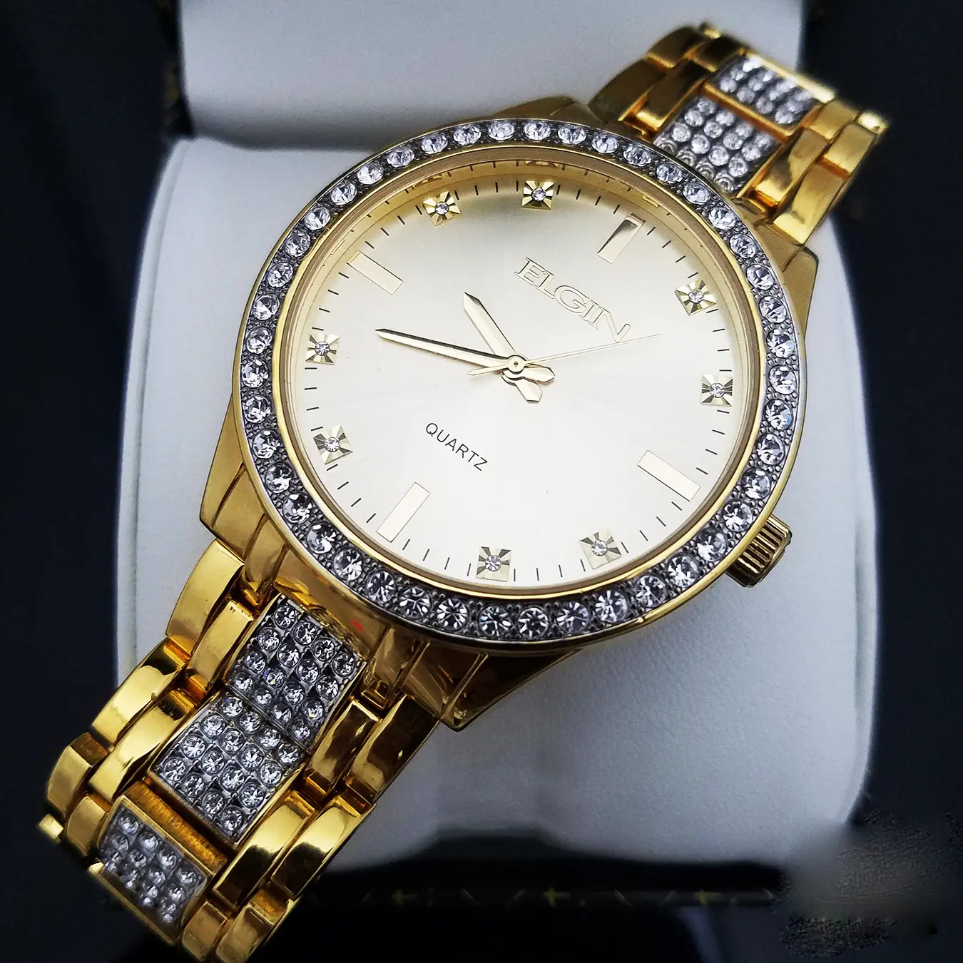 Elgin Men's 2-Tone Iced Gold-Plated Stainless Steel Wristwatch - Round Face, Crystal Accents, Waterproof Luxury Analog, Casual/Formal Dress Timepiece, Two-Tone