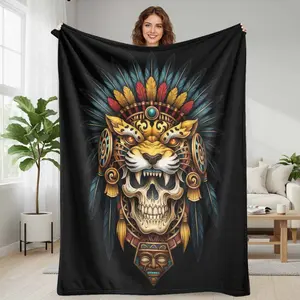 Aztec Warrior Skull Flannel Blanket with Tribal Feather Totem Print  Soft Cozy Warm Lightweight Decorative Throw  Perfect for Bedroom Living Room Sofa Office Meditation Gift Décor