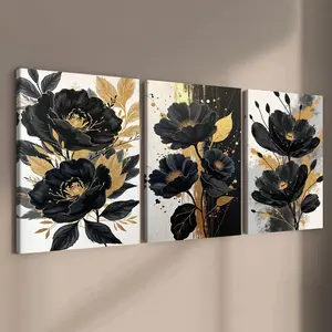3 count wooden frame canvas, Black Gold Luxury flower triple poster, charming flower Art, Floral Abstract Design, Stylish bedroom Decor, Modern Art Home Decor, Living Room and Hallway Wall Decor, HD, waterproof, Art