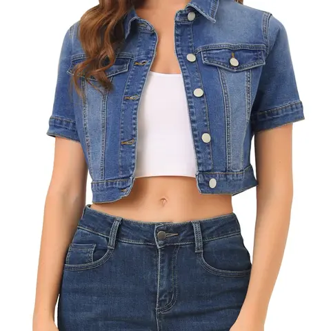 INSPIRE CHIC Casual Jacket Short Sleeves Crop Jean Denim Jacket