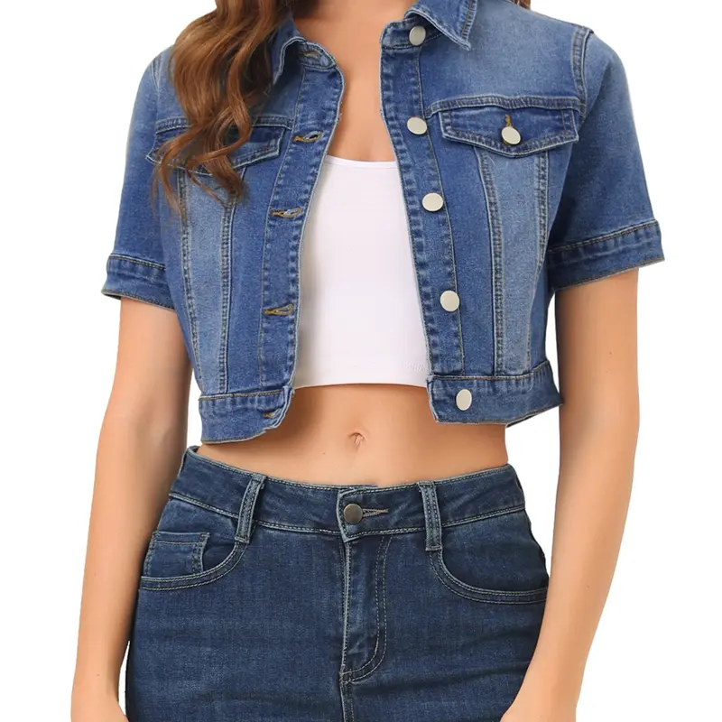 INSPIRE CHIC Casual Jacket Short Sleeves Crop Jean Denim Jacket