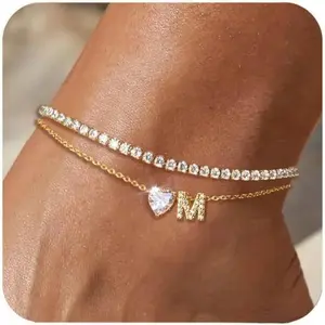 Gold Initial Ankle Bracelets for Women Waterproof 14K Gold Filled Layered Anklets for Women Non Tarnish Women's Anklets Adjustable Large Ankle Summer Beach Foot Jewelry