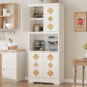 Garvee Kitchen Pantry Cabinet, 72" Tall Storage Cabinet with Open Shelves for Microwave, Freestanding Wooden Cupboard with Carved Door & Crystal Handle, for Dining Room, Living Room, Antique White