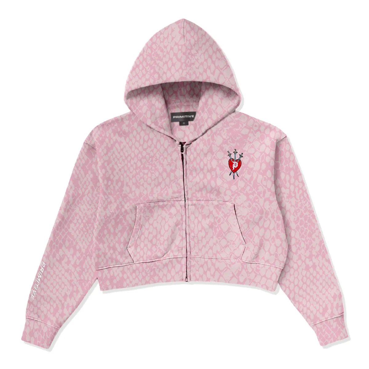 PRIMITIVE APPAREL Women's Scales Print Zip-Up Crop Hoodie, Heavy-Weight Cotton Fleece Sweatshirt with Embroidery, Fabric, Fitted, Sweatshirts, Tops, Long Sleeve