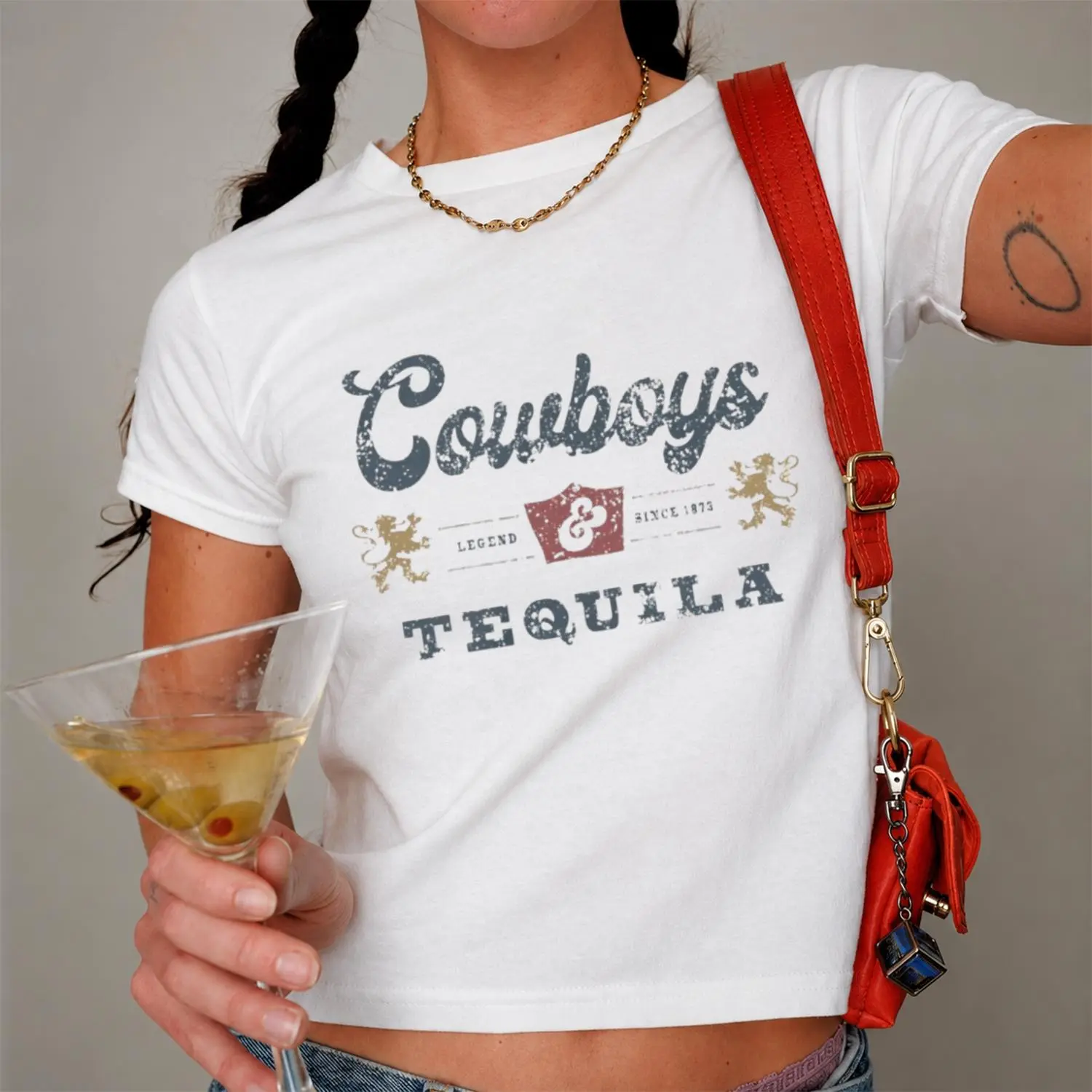 Cowboys & Tequila Graphic Baby Tee, Vintage Western Cowgirl Shirt, Country Rodeo Graphic T-Shirt, Retro Cowboy Aesthetic Women's Tee Women's Micro Rib Baby Tee