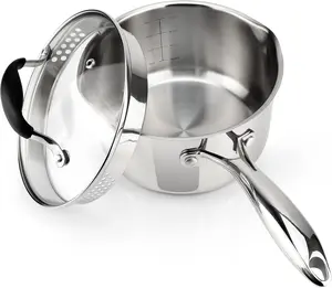 Stainless Steel Saucepan with Glass Strainer Lid, Two Side Spouts for Easy Pour with  Handle, Multipurpose Sauce Pot (5-Ply Capsule Bottom, 2.5 Quart)