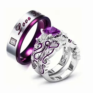 1/2 Set of new style fashion stainless steel couple rings for men, delicate purple stone rings for brides, jewelry for wedding rings, engagement rings