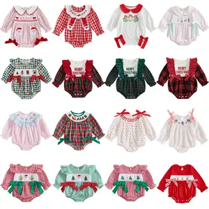 REDWOON Newborn Infant Baby Girl Christmas Outfit Santa Embroidery Long Sleeve Smocked Bubble Romper Ruffle Bodysuit 0-18 Months