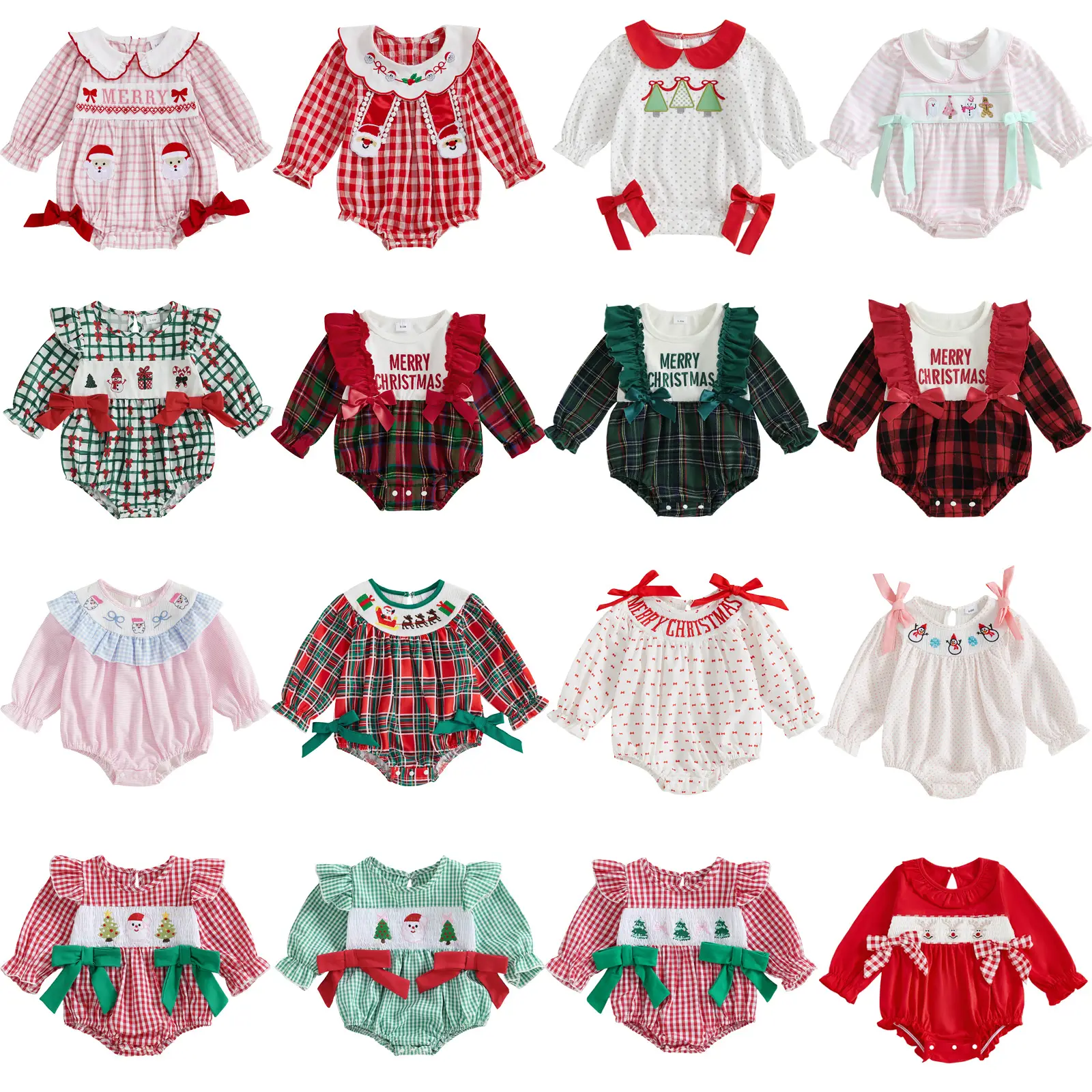 REDWOON Newborn Infant Baby Girl Christmas Outfit Santa Embroidery Long Sleeve Smocked Bubble Romper Ruffle Bodysuit 0-18 Months