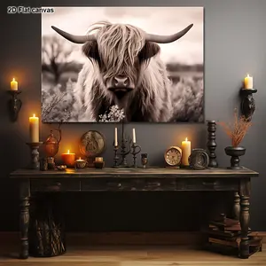 1 Piece Scottish Highland Cow Decorative Painting (Framed/Unframed Optional) - Country Farmhouse Style Animal Painting, Scottish Border Cow Portrait, Solid Wood Frame and Wrapped Canvas, Pastoral Style Home Decoration - Perfect New Home Gift, 2D Grap
