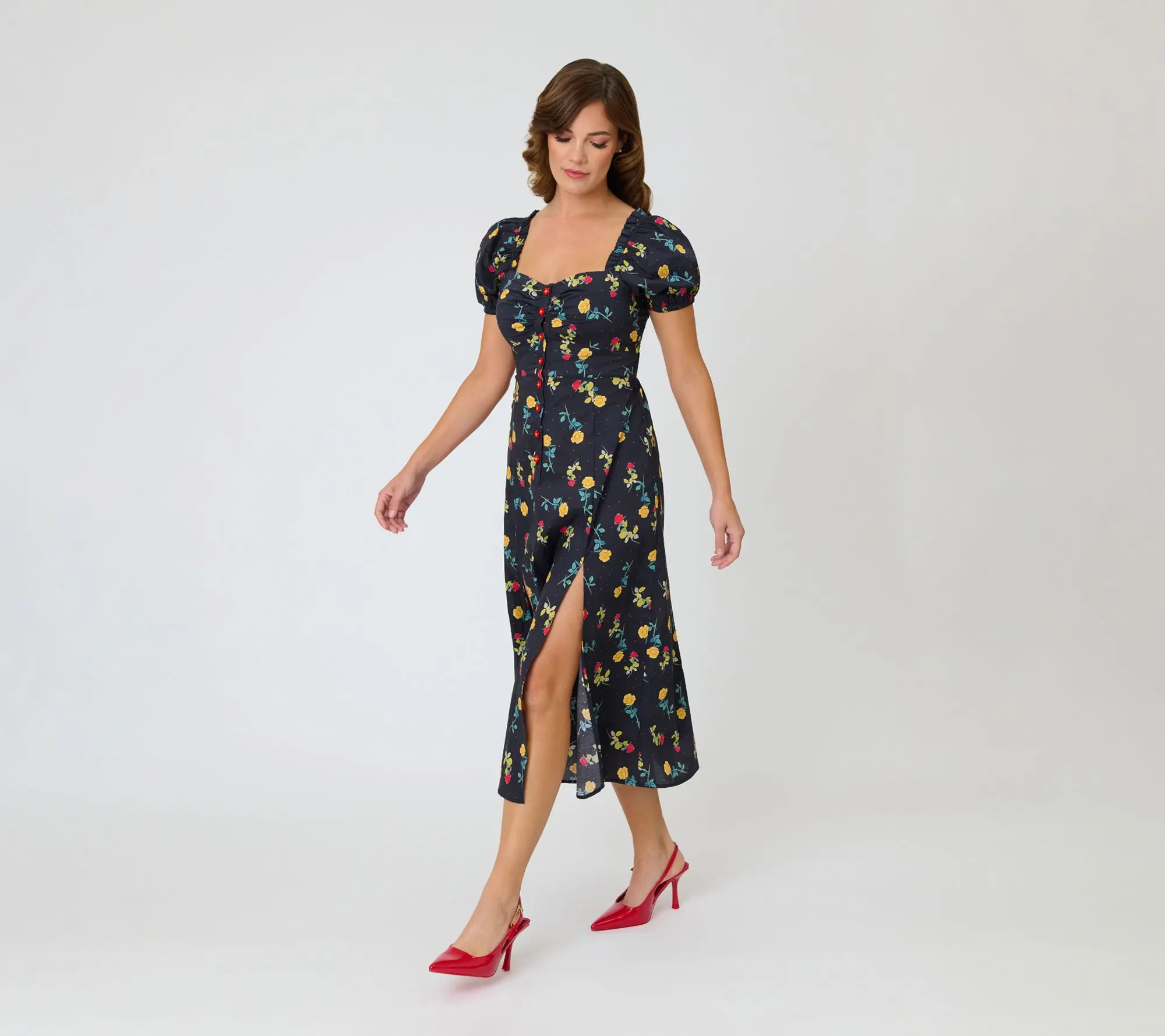 Unique Vintage 1940s Black Floral Midi Dress