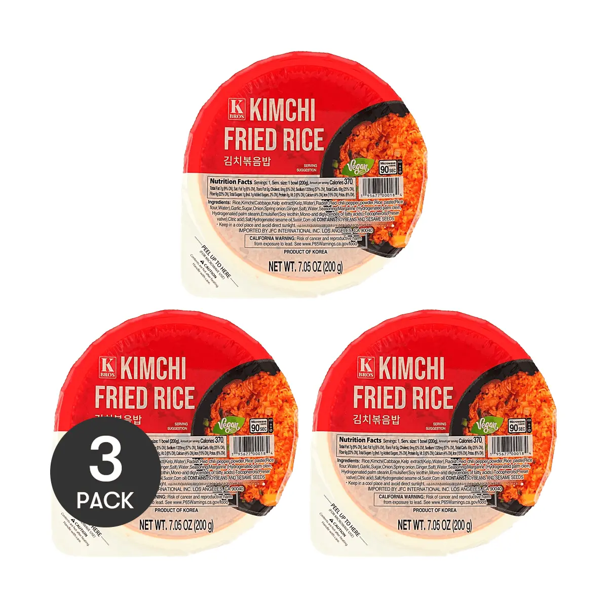KBROS 3-Pack Korean Kimchi Fried Rice 200g Each - Authentic Spicy Flavor, Quick 90-Second Microwave Meal