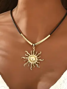 Vintage Sun God Bohemian Pendant Necklace, Alloy Wax Rope, Unique Neckchain for Vacation, Music Festival, Party, Versatile Jewelry