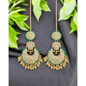DER732  kundan dangler earrings with green beads( READY TO SHIP )