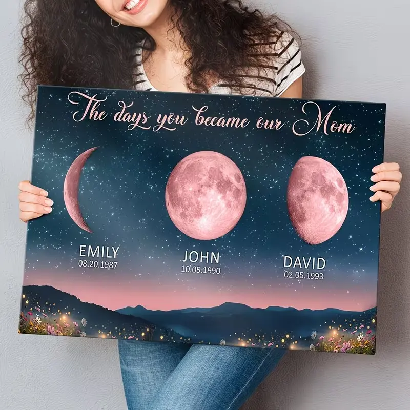 2D Flat, posters Personalized Moon Phase Canvas | Customized "The Days You Became Our Mom" Wall Art with Name & Date, Art Deco Style, Ideal for Home Decor & Birthday Gifts, Thanksgiving, Diy Wall Art poster Aesthetic Design Boho Wall Art cheetah print