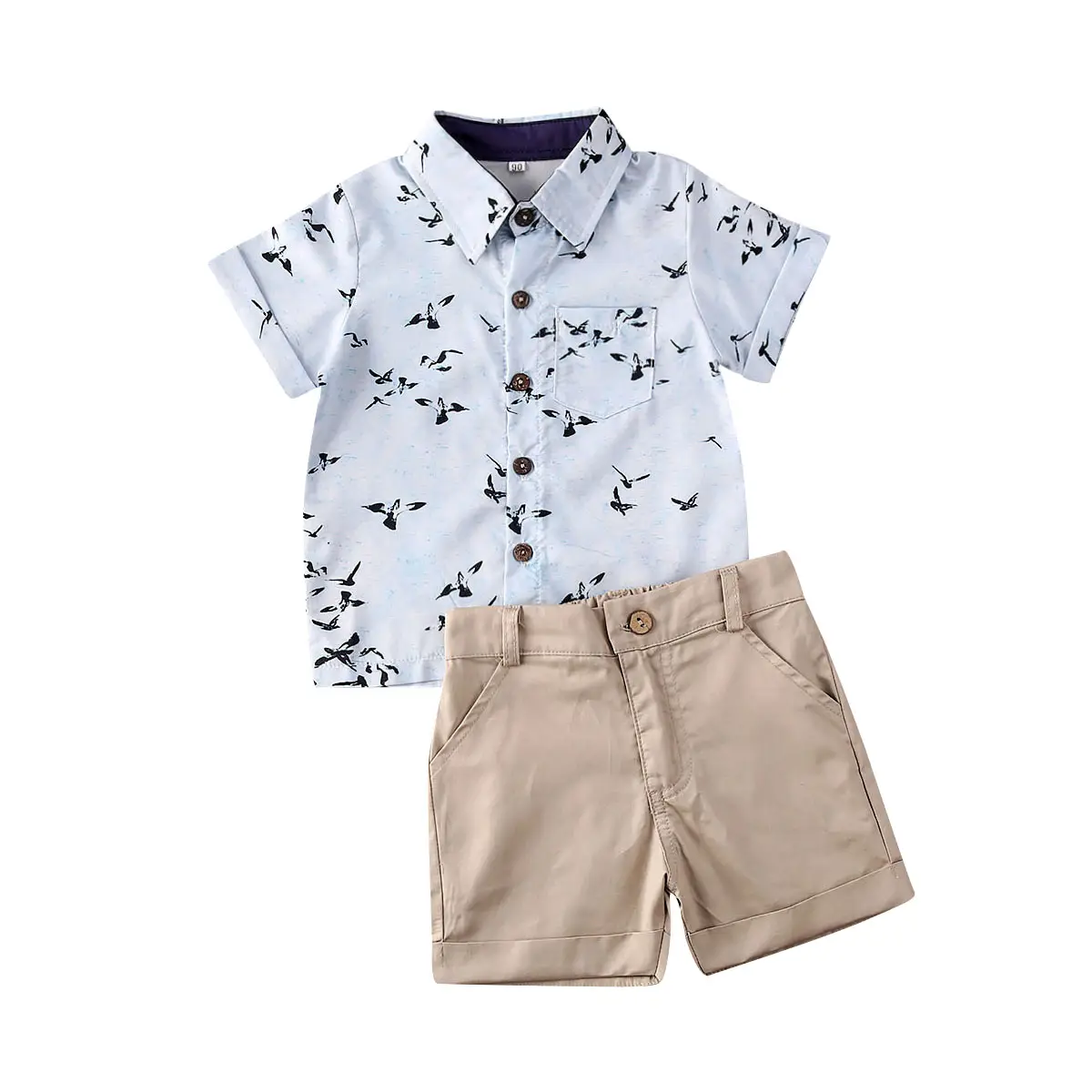 Boy's Shorts Suit Cartoon Seagull Print Lapel Button Closure Short-Sleeved Shirt Solid Color Casual Breeches Set
