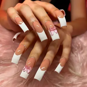 20pcs Curved Nails, Nude Base French Tips, Rhinestone Bow, Glossy Reusable False Nails, Party & Daily Wear, Includes Jelly Glue & File