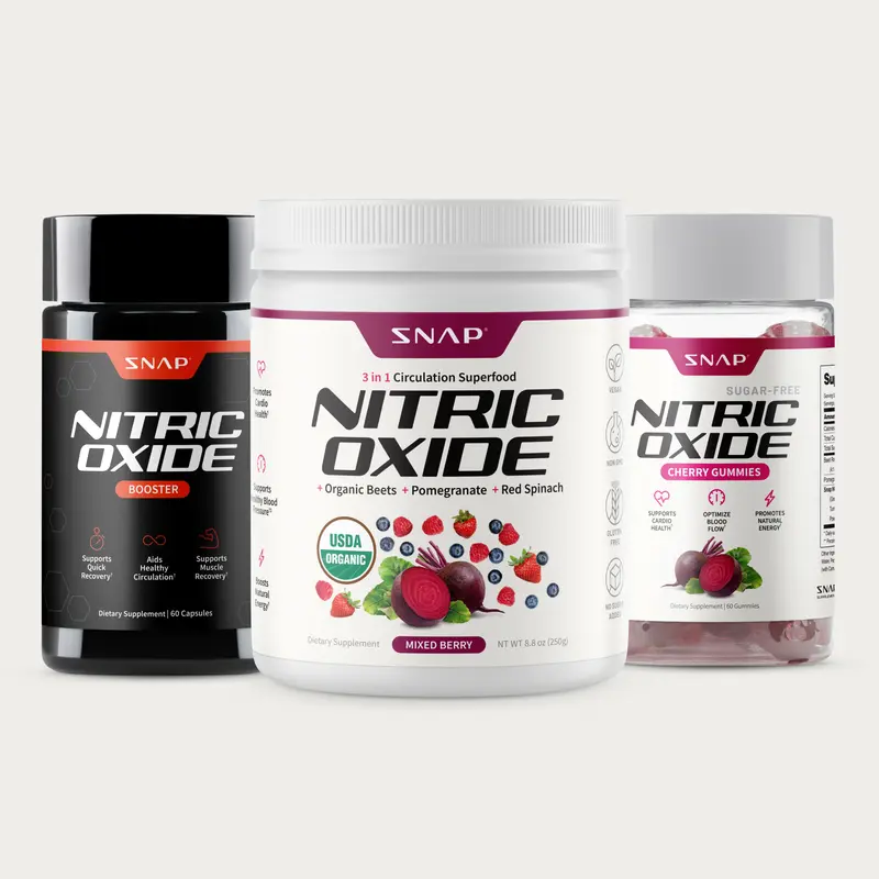 Snap Supplements - Berry Flavor Nitric Oxide Beets + Cherry Flavor Nitric Oxide Gummies + NO Booster 60ct - Natural Supplement Bundle