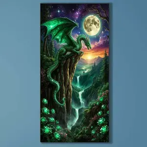 5D DIY Drill Round Diamond Painting - Diamond Art Painting Kit Green Dragon, Canyon, Waterfall Mosaic, Canvas - DIY Decorative Painting, Home Wall Decor, Perfect for Halloween, Christmas, Birthdays, Handmade Gifts