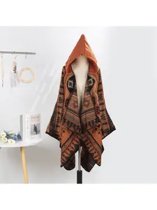 Vintage Knitted Large Hooded Shawl Cape Poncho Unisex Outerwear with Hood Thick Scarf for Travel Outdoor Warmth and Outfit