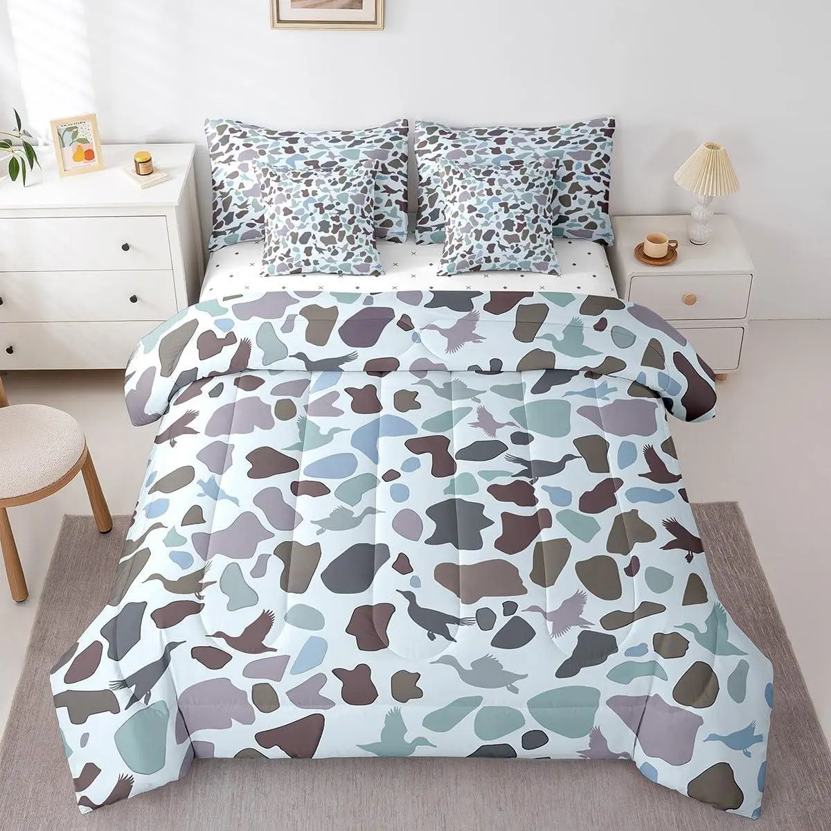 Feelyou Queen 7-Piece Microfiber Bedding Set - Mallard Duck Hunting Flying Theme, Army Camouflage Wild Animal Design, Comforter with Sheets & Soft Breathable Blanket, Adult Bedroom Decor, Bedding Sets