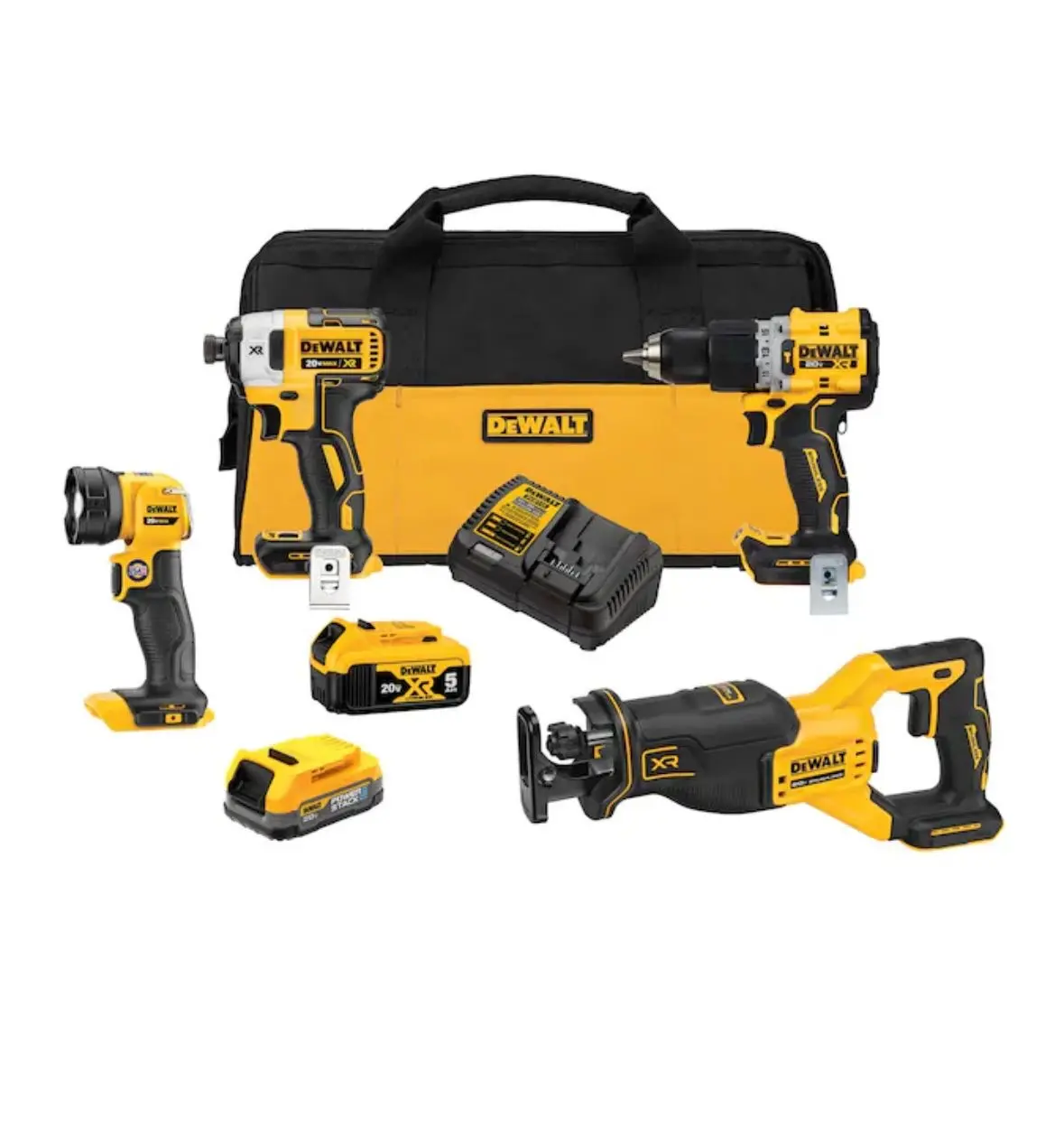 20V MAX XR Brushless 4-Tool Combo Kit with POWERSTACK Compact Battery, 5.0Ah Battery, Charger and Tool Bag