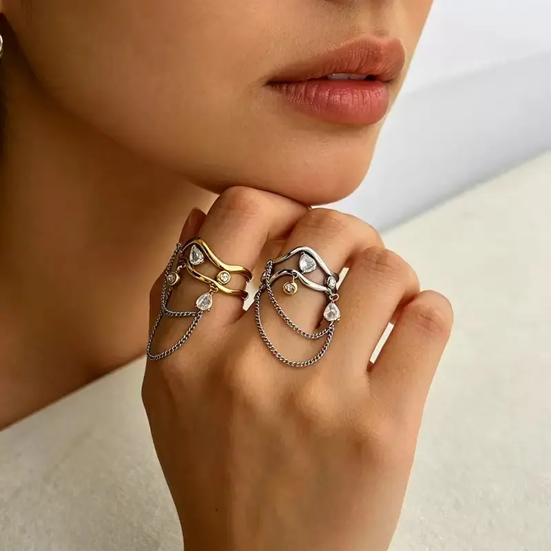 Emma’s Heart Wavy Chain Open Teardrop Zircon Ring for Women, Dainty Tassel Statement Jewelry