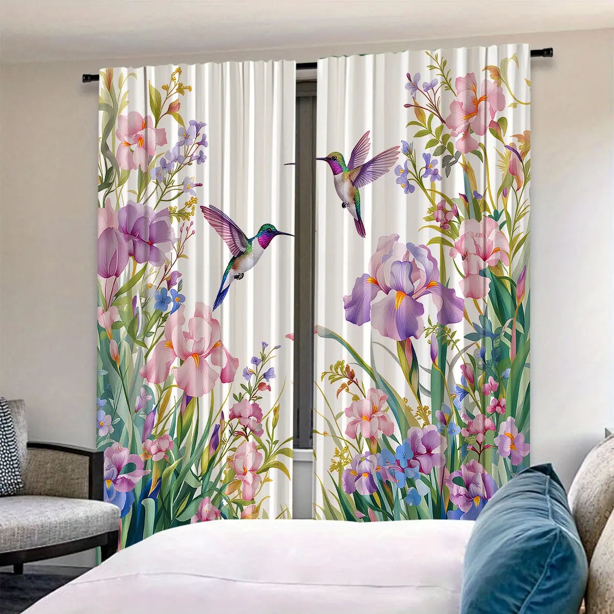 Floral & Hummingbird Print Curtains, Rod Pocket Design, Half-Transparent Privacy Curtains, Bedroom Living Room Kitchen Closet Decor
