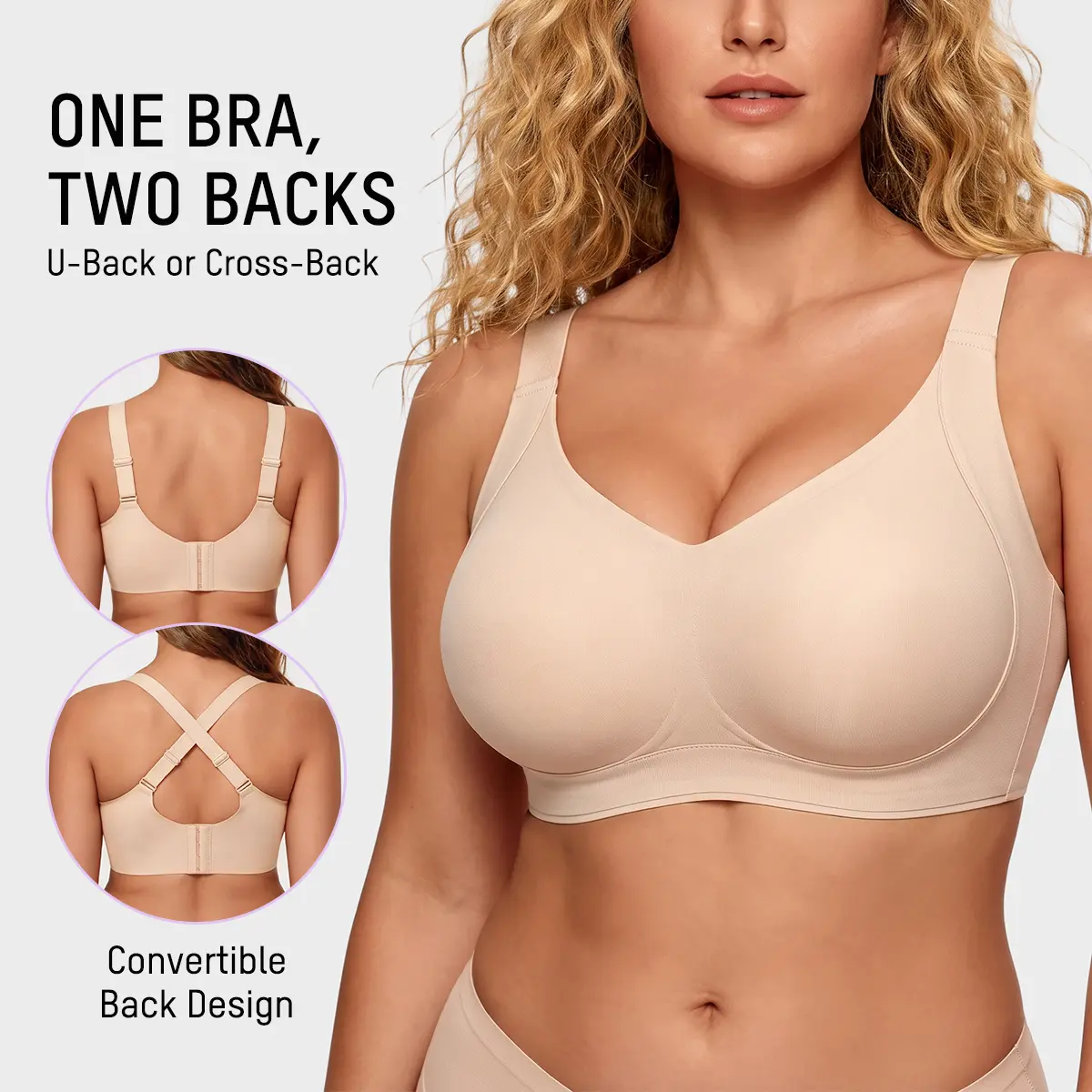 SHECURVE Wireless Back Smoothing Bra for Women Full Coverage Large Bust Support Bra with Wide Straps Side Smoothing Deep V U-Back & Cross-Back Convertible Design