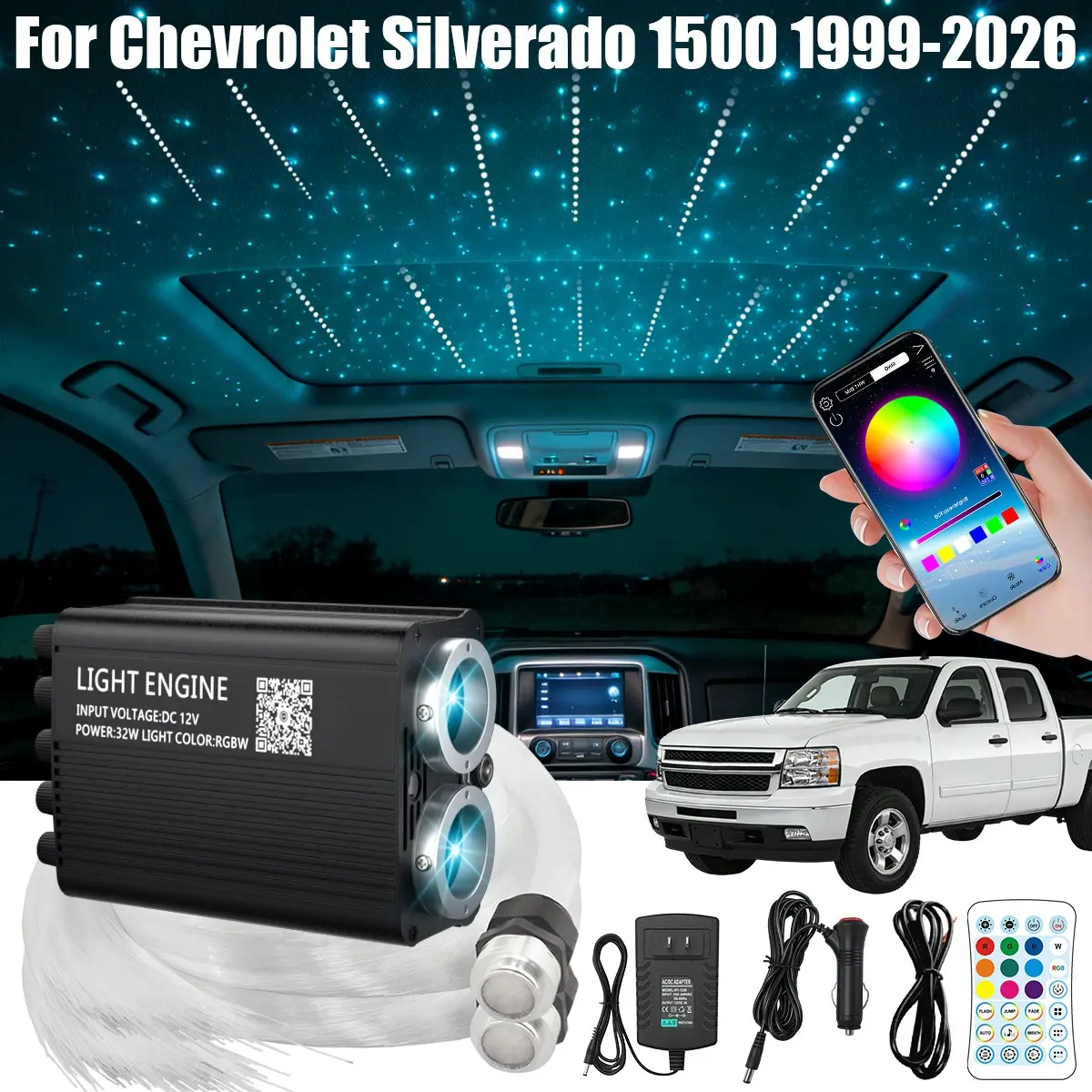 Starlight Headliner Kit for Chevrolet Silverado 1500 & Full Chevy Series, 300-1200pcs Fiber Optic Roof Lights, 16W/32W APP Remote Control with Steady/Twinkle/Meteor Modes, Summer Road Trip Essential, 2-Year Warranty
