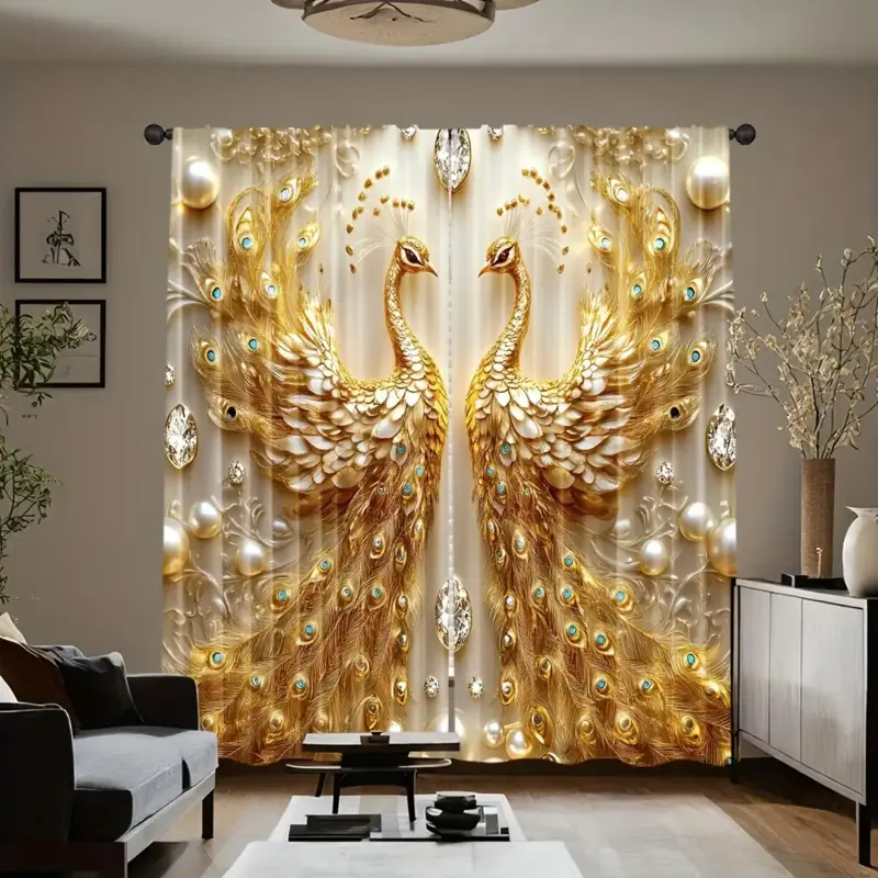 Vintage Animal Pattern Curtains Set, Peacock & Diamond Design, Polyester Material, Ideal for Bedroom, Office, Kitchen, Living Room