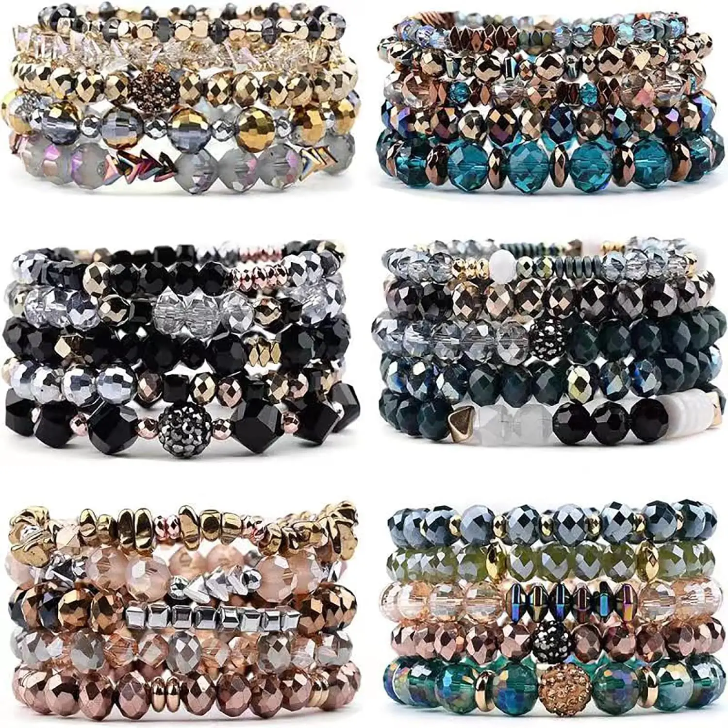 Women's Boho Chic 6-Set Stackable Bead Bracelets - Elastic Layered Bangles with Multicolor Glass Bead Accents, Crystals, Bohemian Costume Jewelry for Weddings, 90-Day Exchange or Money-Back Guarantee