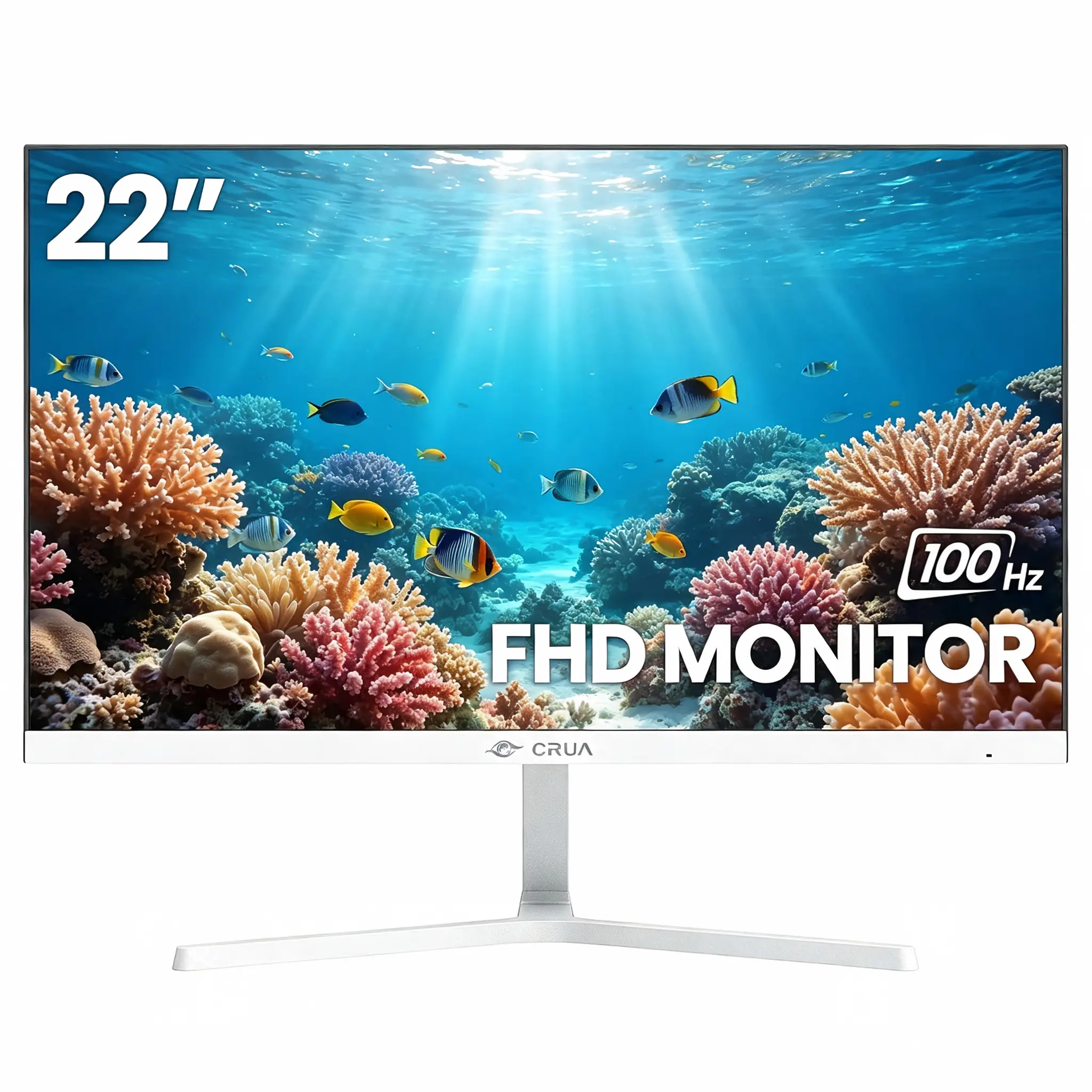 CRUA 22 Inch White Desktop Monitor FHD 1080P 100Hz, 120% sRGB Color, Low Blue Light, VGA HDMI Input, VESA Wall‑Mount Compatible for Home & Office