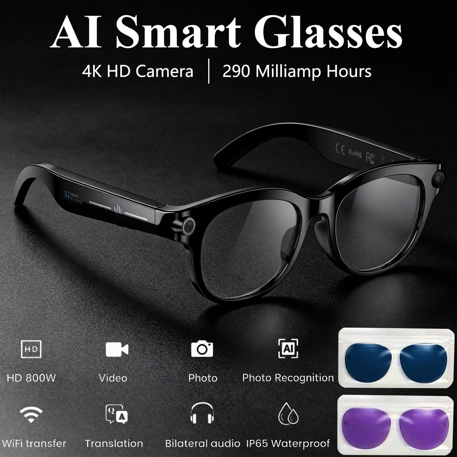 Waterproof Wearable AI Smart Glasses with Camera, Video & Photo Capture, Real-Time Translation, Bluetooth Compatibility, Object Recognition for Travel, Water Proof