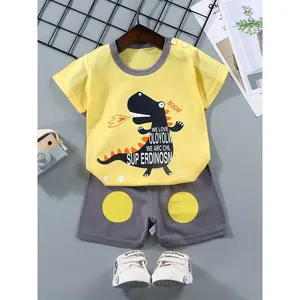 Short-sleeved cotton set for children aged 1-3 years, boys' T-shirt, baby summer clothing, light and cool, comfortable, soft and skin-friendly, 100% cotton, car and dinosaur pattern