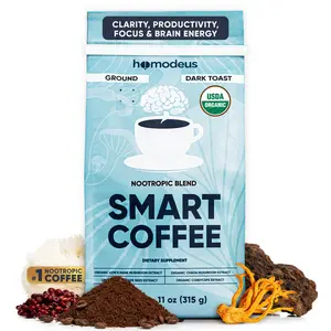 Organic Mushroom Coffee Ground Nootropic with Lions Mane Chaga Cordyceps & Red Grape Seed Dark Roast for Focus Clarity Productivity & Brain Energy 30 Servings - Natural