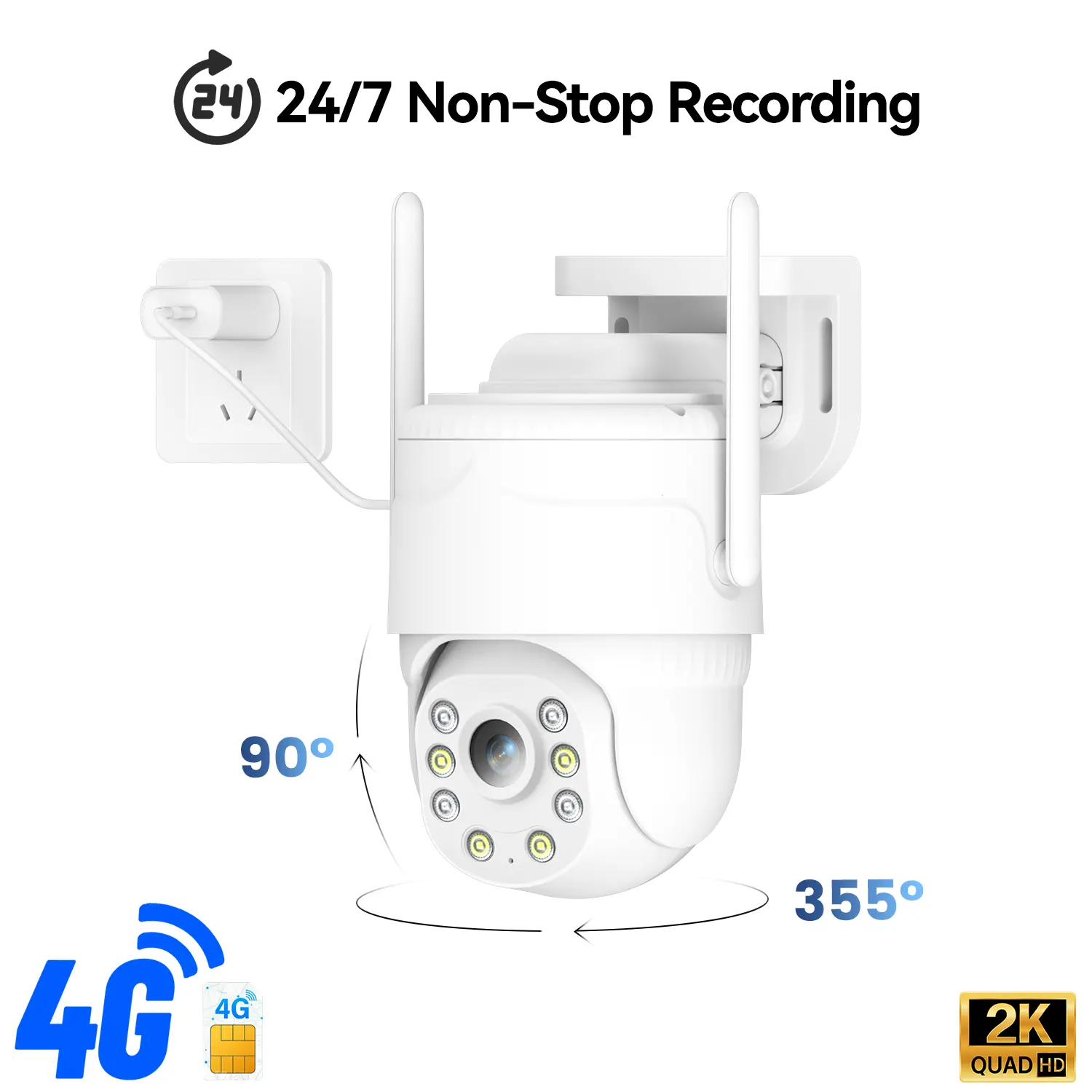 4G LTE Plug-in Outdoor Security Camera 24/7 Recording Night Vision PIR Alerts Two-Way Audio Cloud SD Storage Weatherproof for Farm Yard Garage RV Remote Areas
