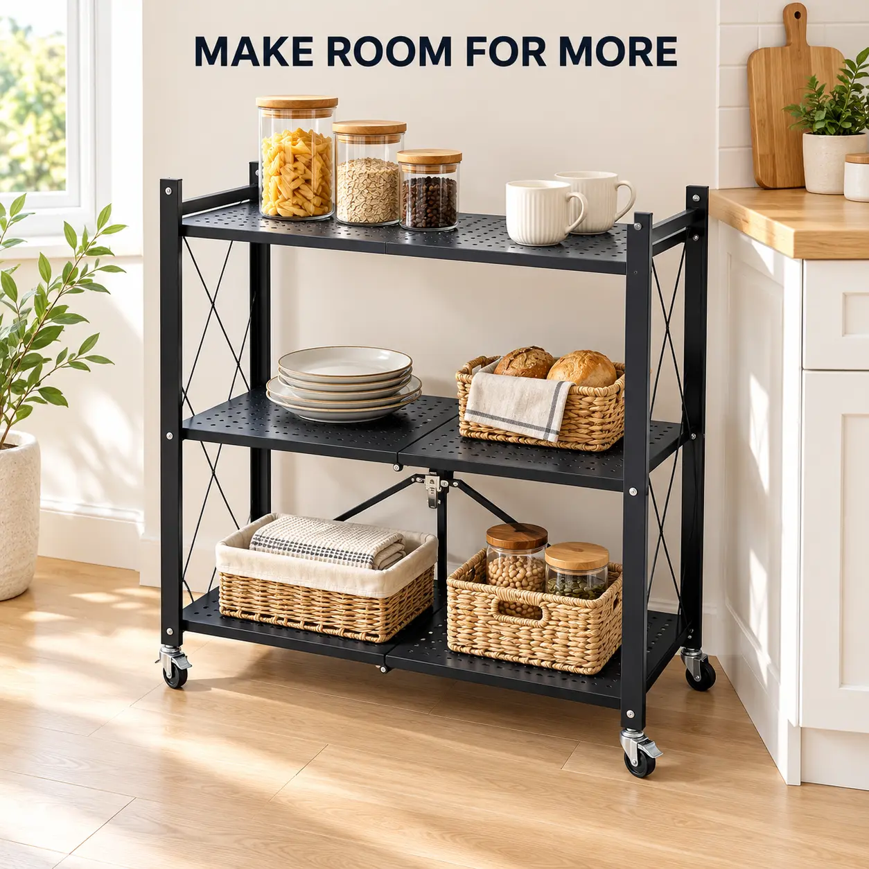 3-Tier Foldable Rolling Storage Rack Lockable Wheels, Space-Saving Metal Shelving Unit Portable Organizer for Kitchen, Pantry & Home Office with Ventilated Shelves