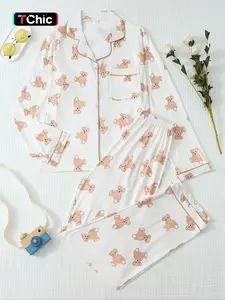 Women's Oodie Bear Print Long Sleeve Pajama Set, Sweet Cute Button Front Top and Pants, Casual Homewear, Cute Loungewear, All Seasons Fitted Sleepwear