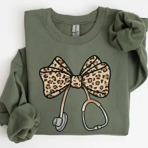 Nurse Leopard Bow Sweatshirt, Stethoscope Bow Shirt, Nurse Coquette Shirt, Gift for Nurse, Healthcare Shirt, Nurse Appreciation