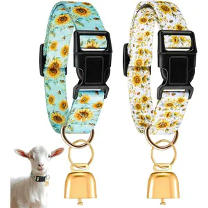 Talltalk 2 Pack Goat Collars with Bells Grazing Copper Bell and Adjustable Nylon Collar Set Loud Bronze Bell for Farm Sheep Cow Sheep Dog Accessories Goat Owner Gift(Sunflower)