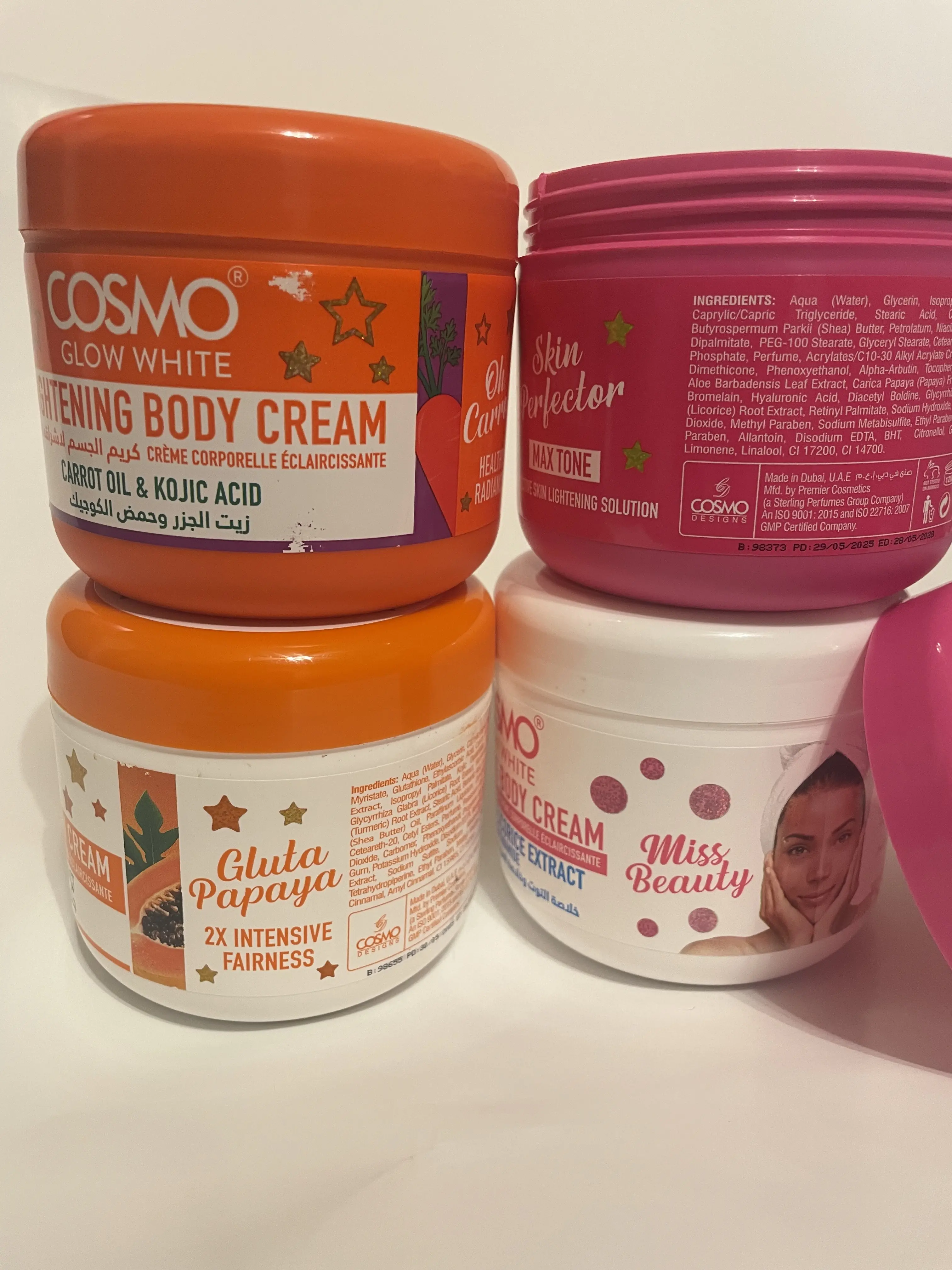 Cosmo 4PCS 300ml Skin Perfector, Miss Beauty, Papaya & Carrot Body Lotion Hydrating Daily Moisturizer for All Skin Types