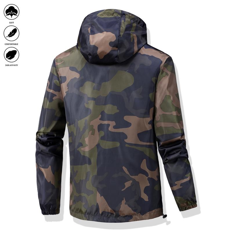 Men's clothing loose lightweight casual jacket, hiking fishing shell hooded outdoor coat, mountain climbing jacket, men's camouflage hooded casual sports jacket - men's gift recommendation