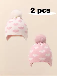 2pcs Baby Boys & Girls Newborn Toddler Pom-Pom Beanie, Cozy Knit Winter Warm Heart Design, Cute Babies Beanies Bonnet Hats for Kids