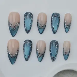 Sky Blue Cat Eye Press On Nails, Gothic Blue Sparkle Nails with Chrome