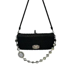 Pre-owned miu miu Nappa Leather Shoulder Bags Matelassé Crystal Embellished Shoulder Bag Black Cloqué with Detachable Straps & Crystal Studded Turn Lock