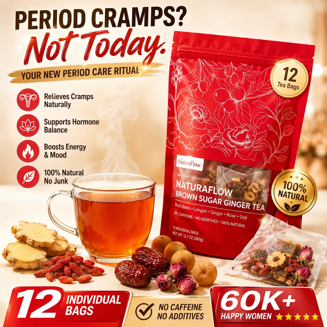Hormone Balance Tea – Natural Herbal Support for Hormonal Imbalance, Menstrual Health & PCOS Relief ,Libamtea Ginger Teas, Beverage, Herbal Tea Blend,Ginger goji longan rose jujube