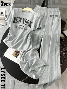 Summer new light gray letter short sleeved set with pleated design T-shirt and hanging wide leg pants, loose and casual for home and outdoor wear, comfortable and fashionable women's two-piece set